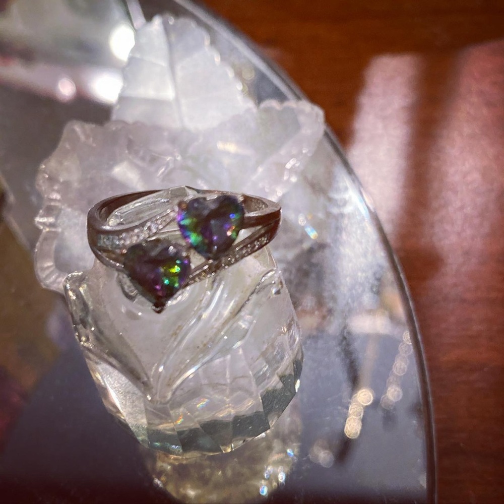 Double heart topaz ring 925 silver, large size.